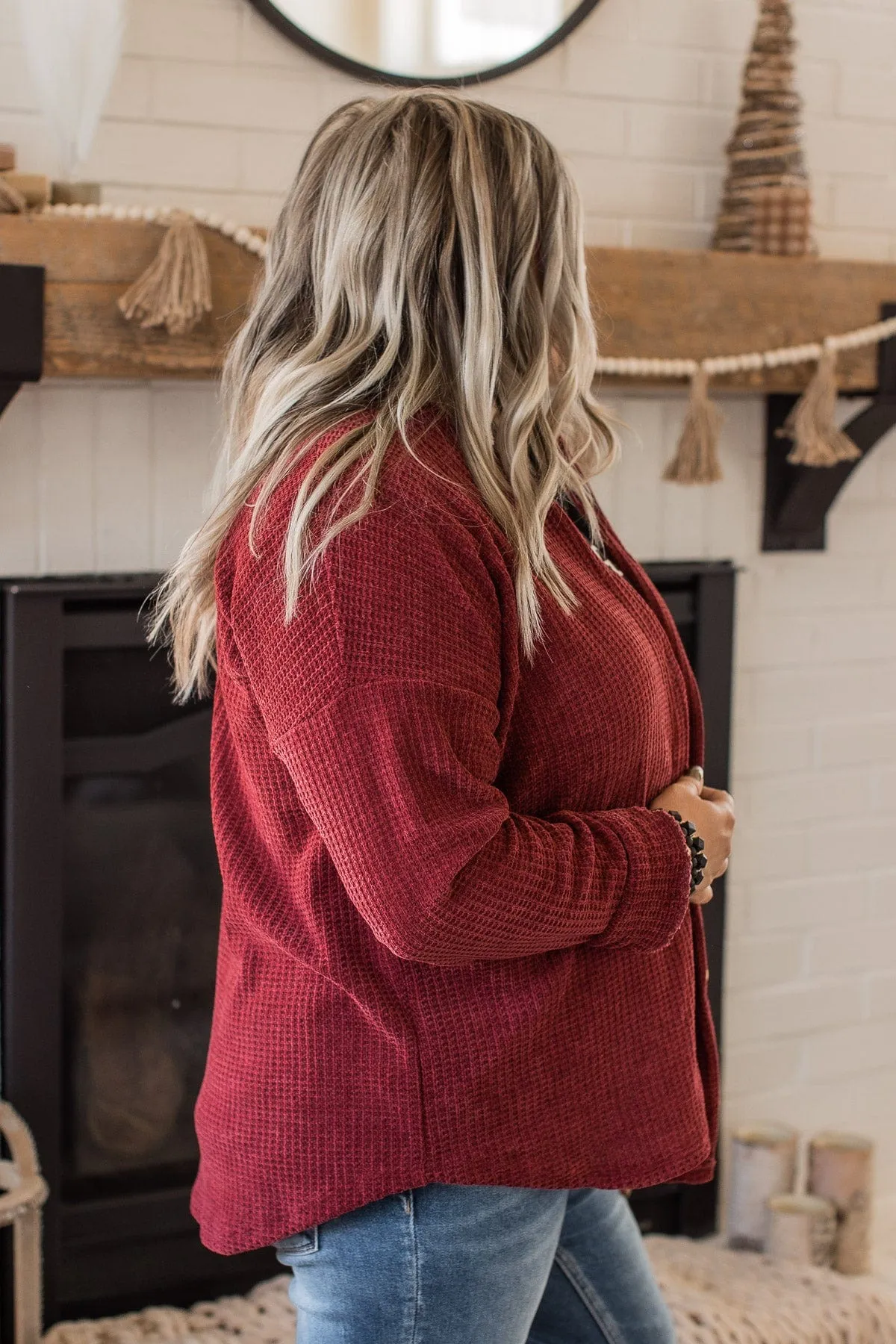 One Step Ahead Knit Button Top- Burgundy