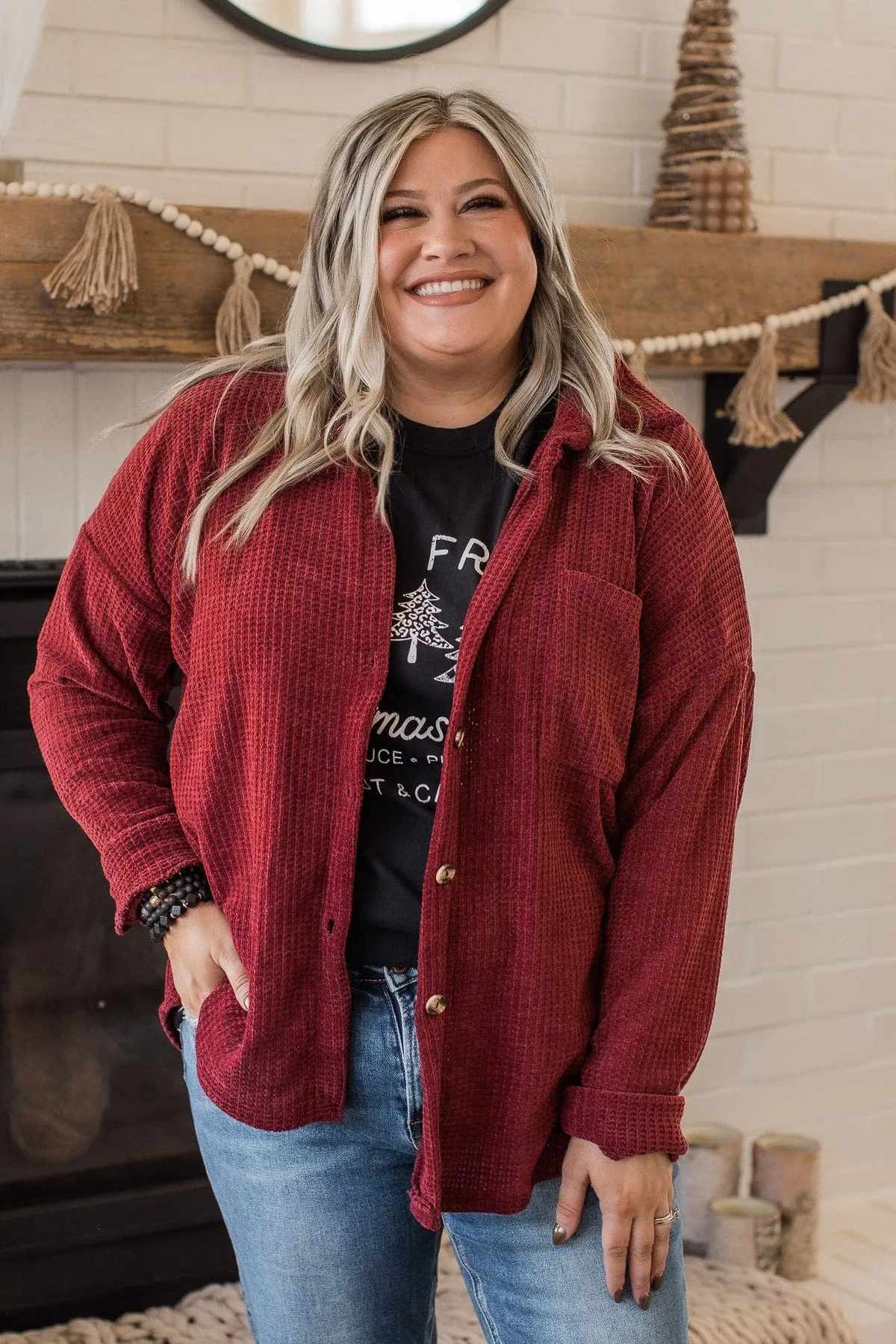 One Step Ahead Knit Button Top- Burgundy