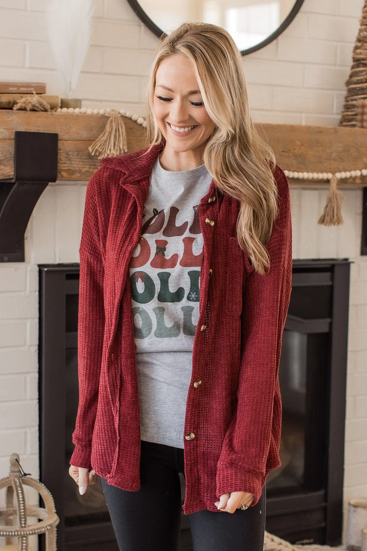 One Step Ahead Knit Button Top- Burgundy