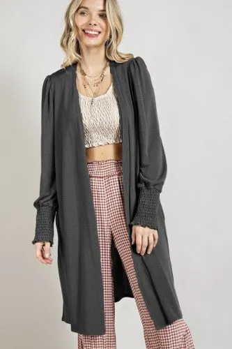 Open Front Cardigan with Smocked Sleeve