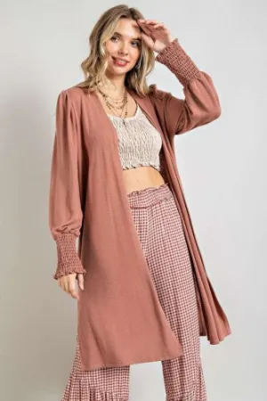 Open Front Cardigan with Smocked Sleeve