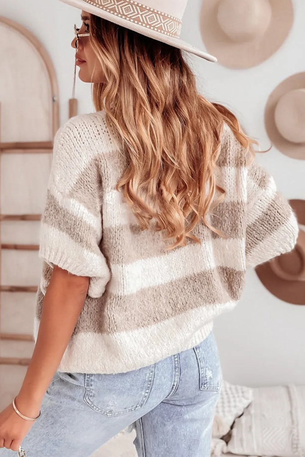 Parchment Contrast Stripes Half Sleeve Sweater