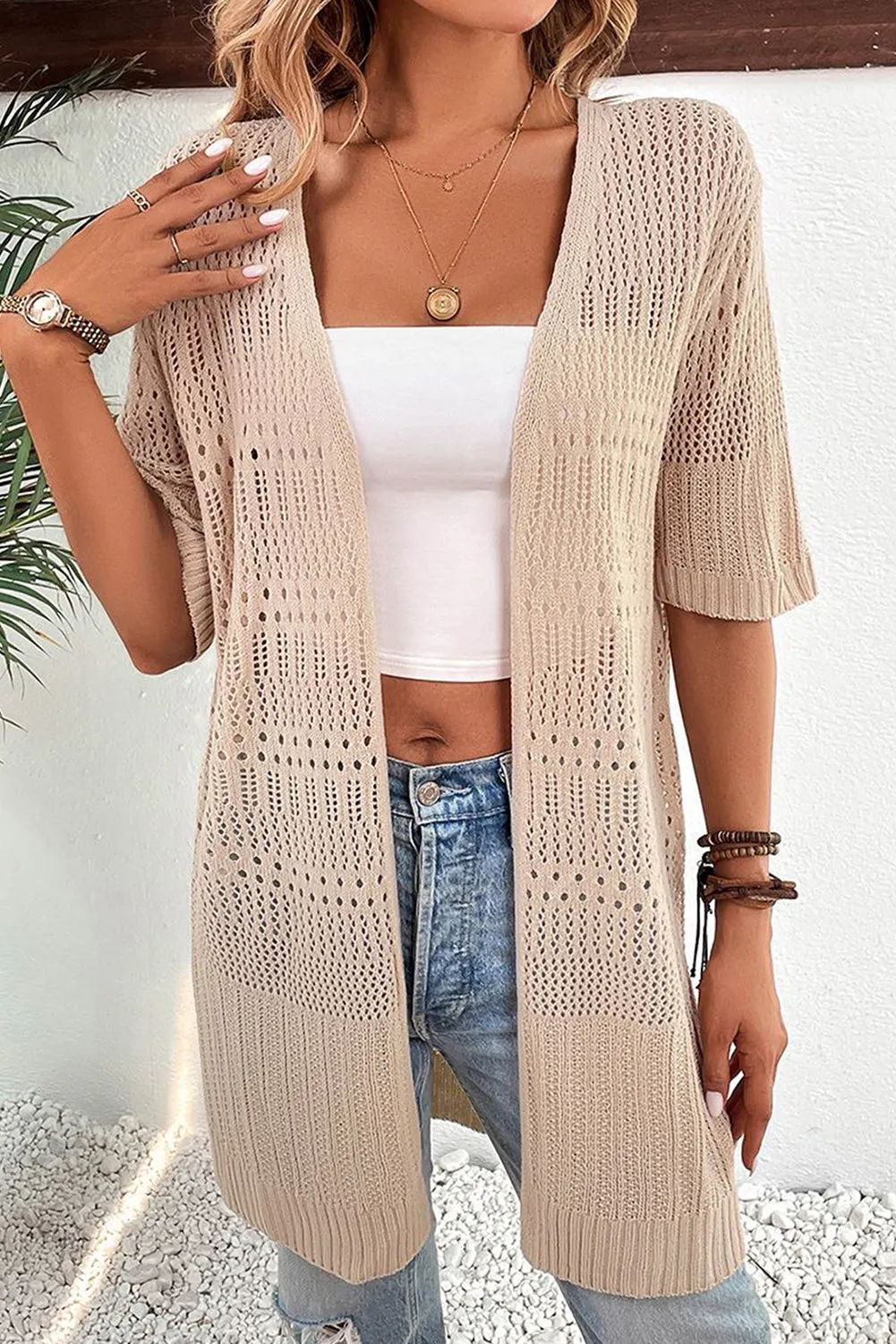 Parchment Pointelle Knit Half Sleeve Open Cardigan