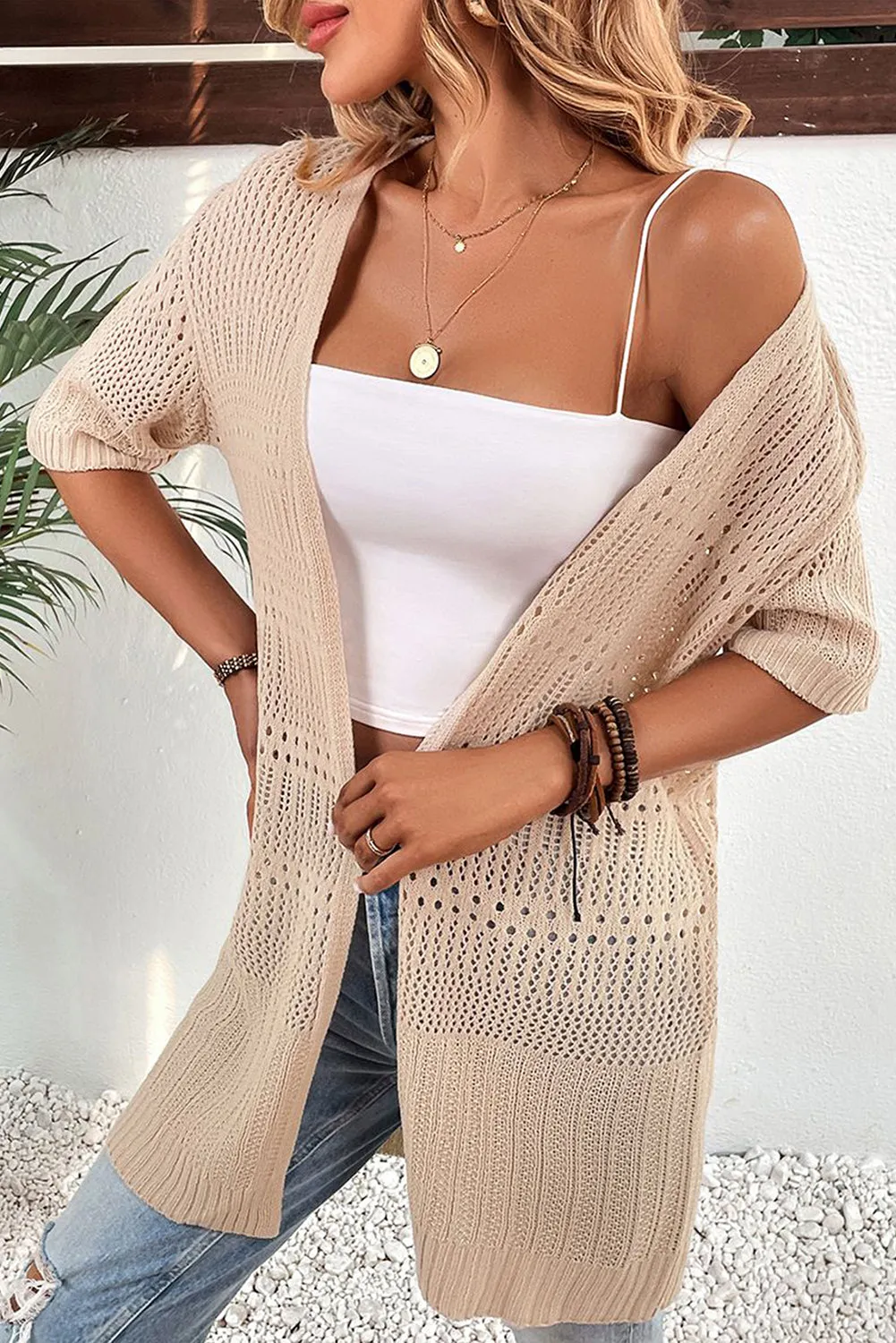 Parchment Pointelle Knit Half Sleeve Open Cardigan