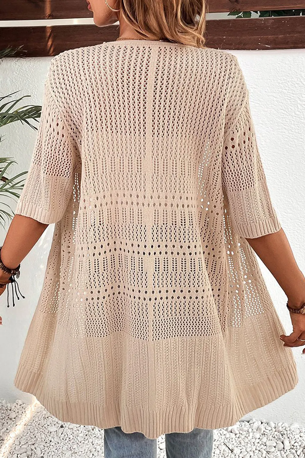 Parchment Pointelle Knit Half Sleeve Open Cardigan