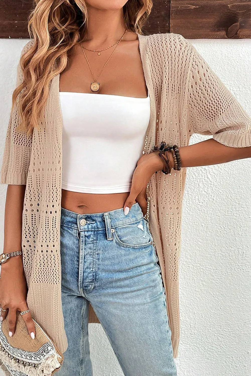 Parchment Pointelle Knit Half Sleeve Open Cardigan