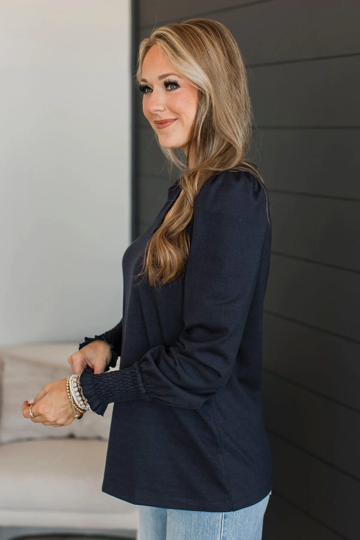 Perfect Nights Puff Sleeve Top- Dark Navy