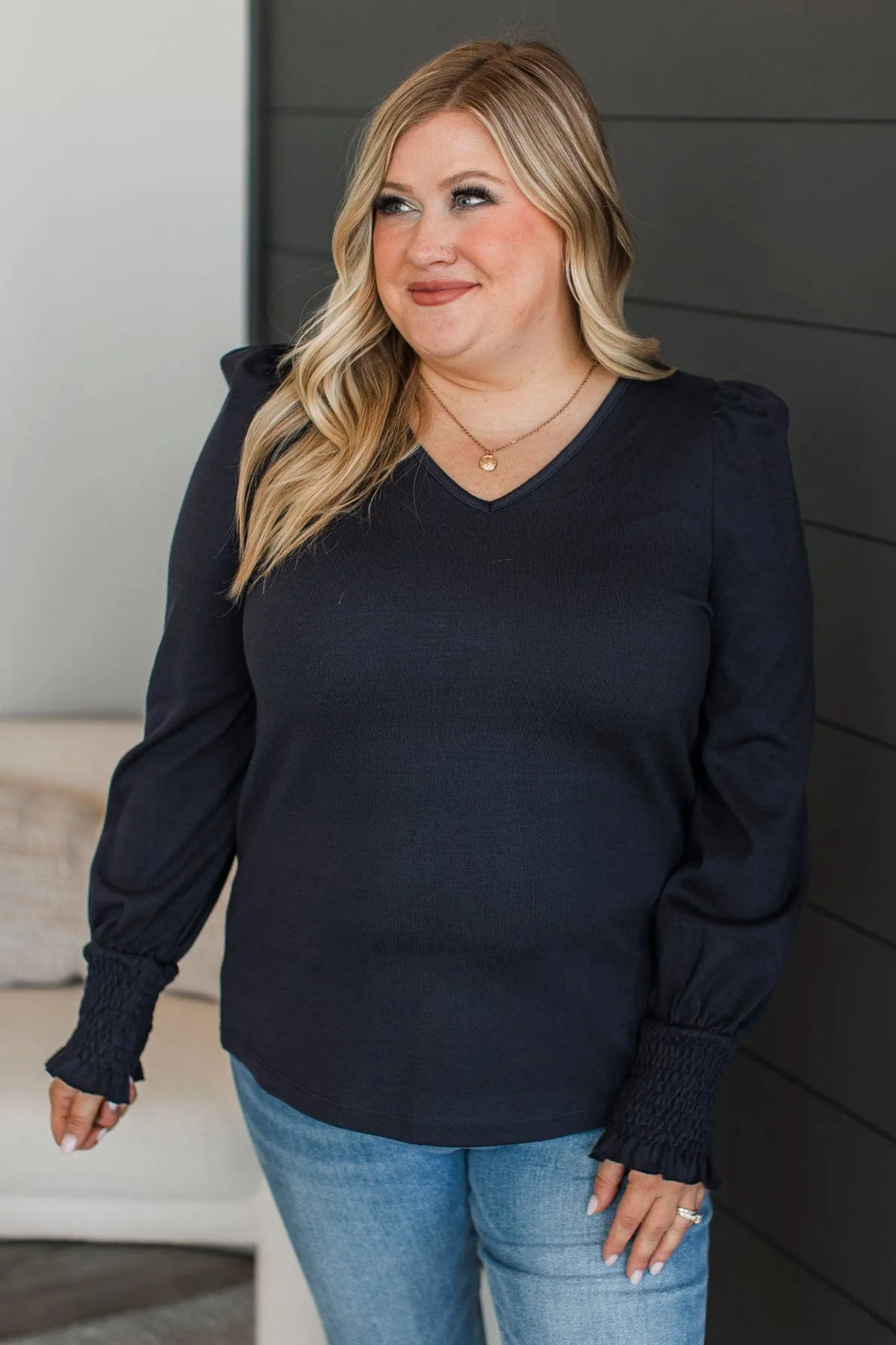 Perfect Nights Puff Sleeve Top- Dark Navy