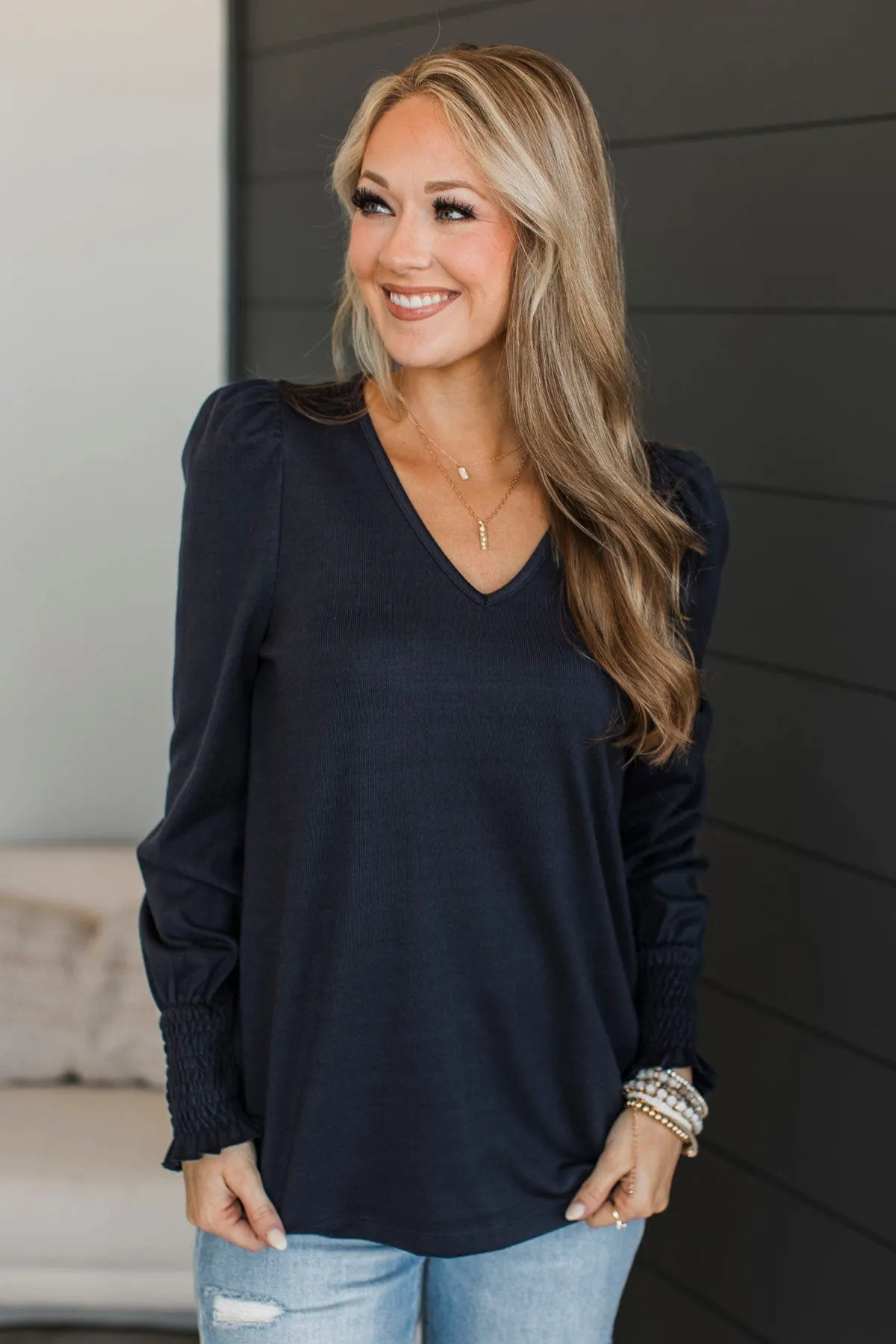 Perfect Nights Puff Sleeve Top- Dark Navy