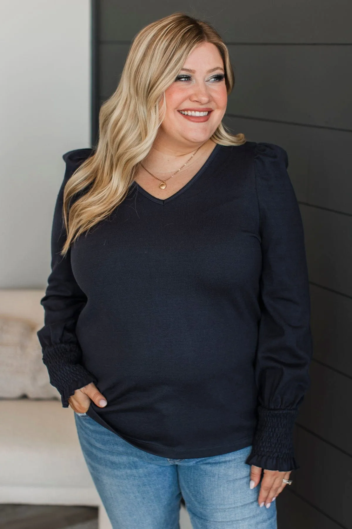 Perfect Nights Puff Sleeve Top- Dark Navy
