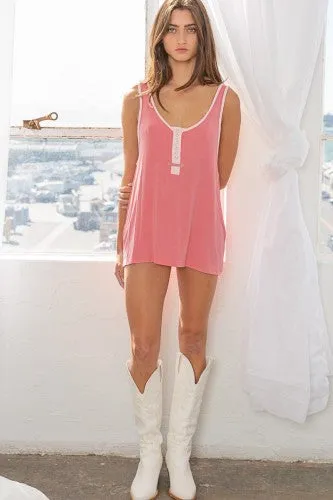 Pink Punch Snap Button Micro Rib Tank