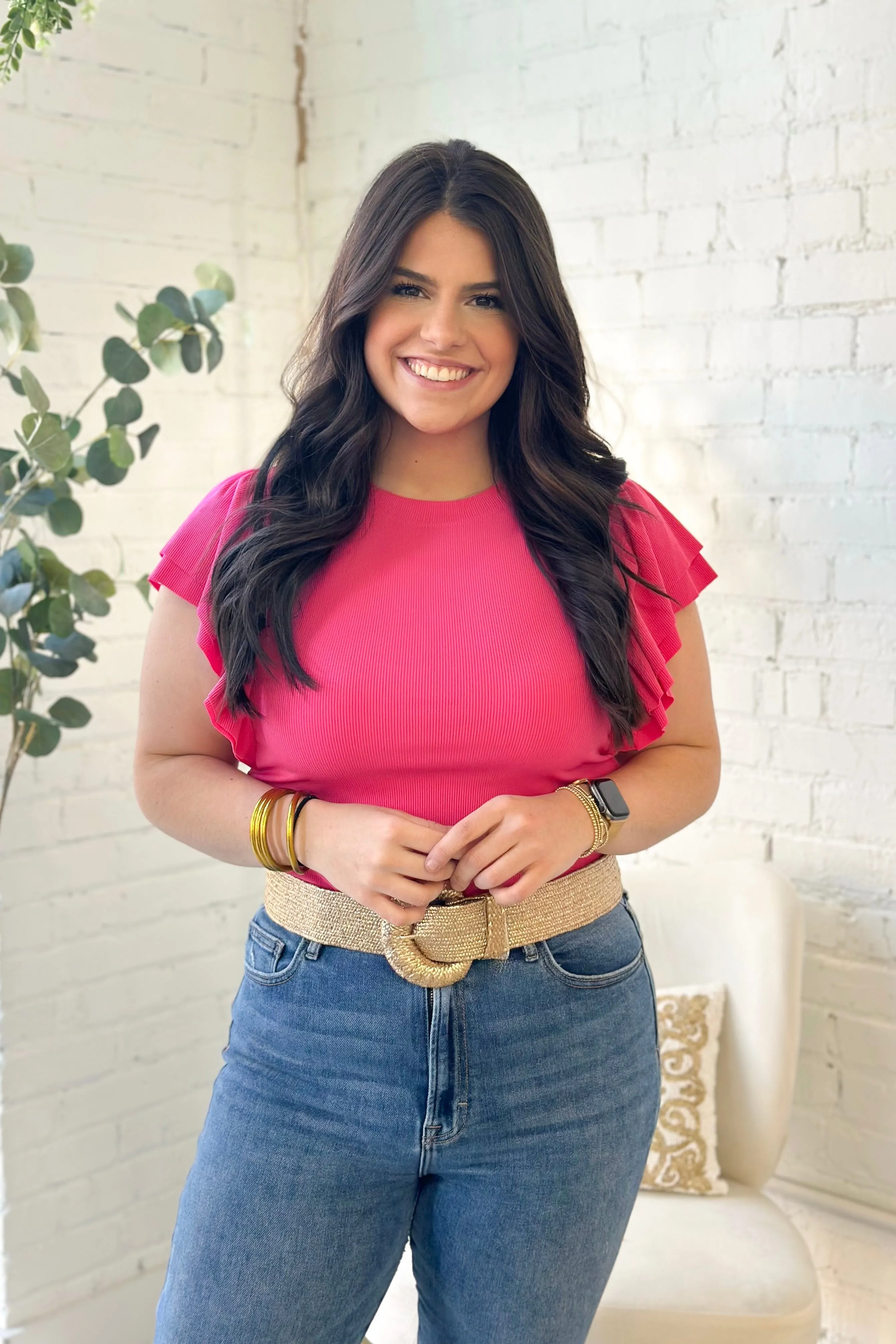 Pink Ribbed Flutter Sleeve Top