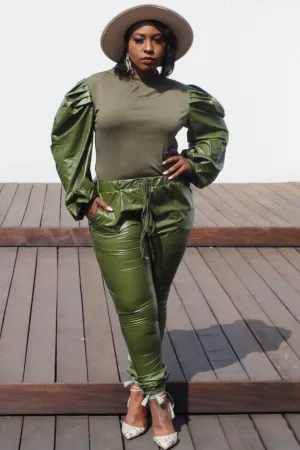 Plus Size Puff Sleeve and Drawstring Joggers Set