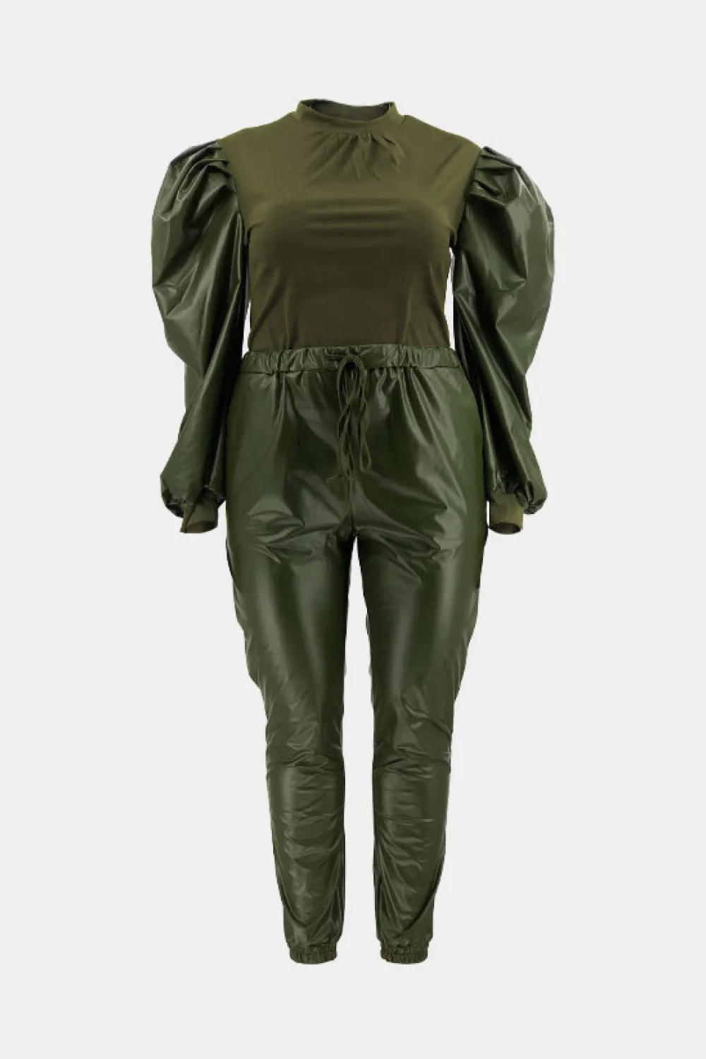 Plus Size Puff Sleeve and Drawstring Joggers Set