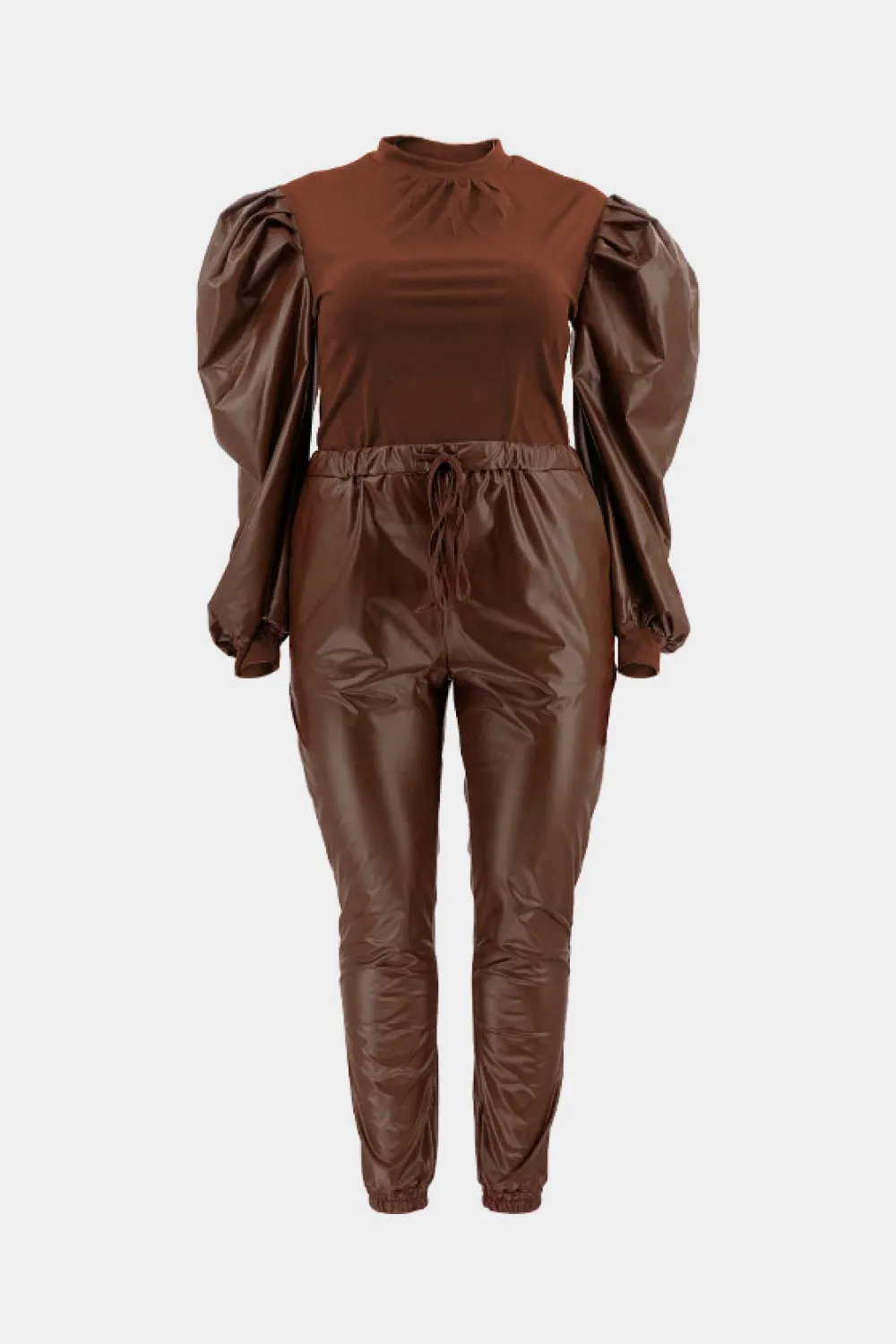Plus Size Puff Sleeve and Drawstring Joggers Set