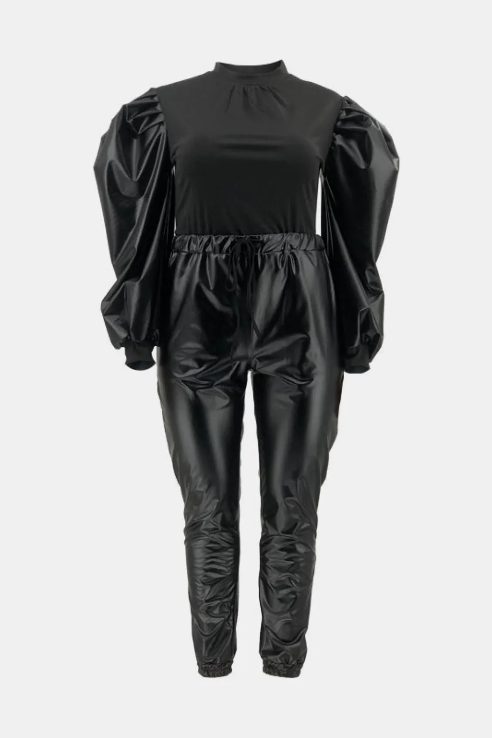 Plus Size Puff Sleeve and Drawstring Joggers Set