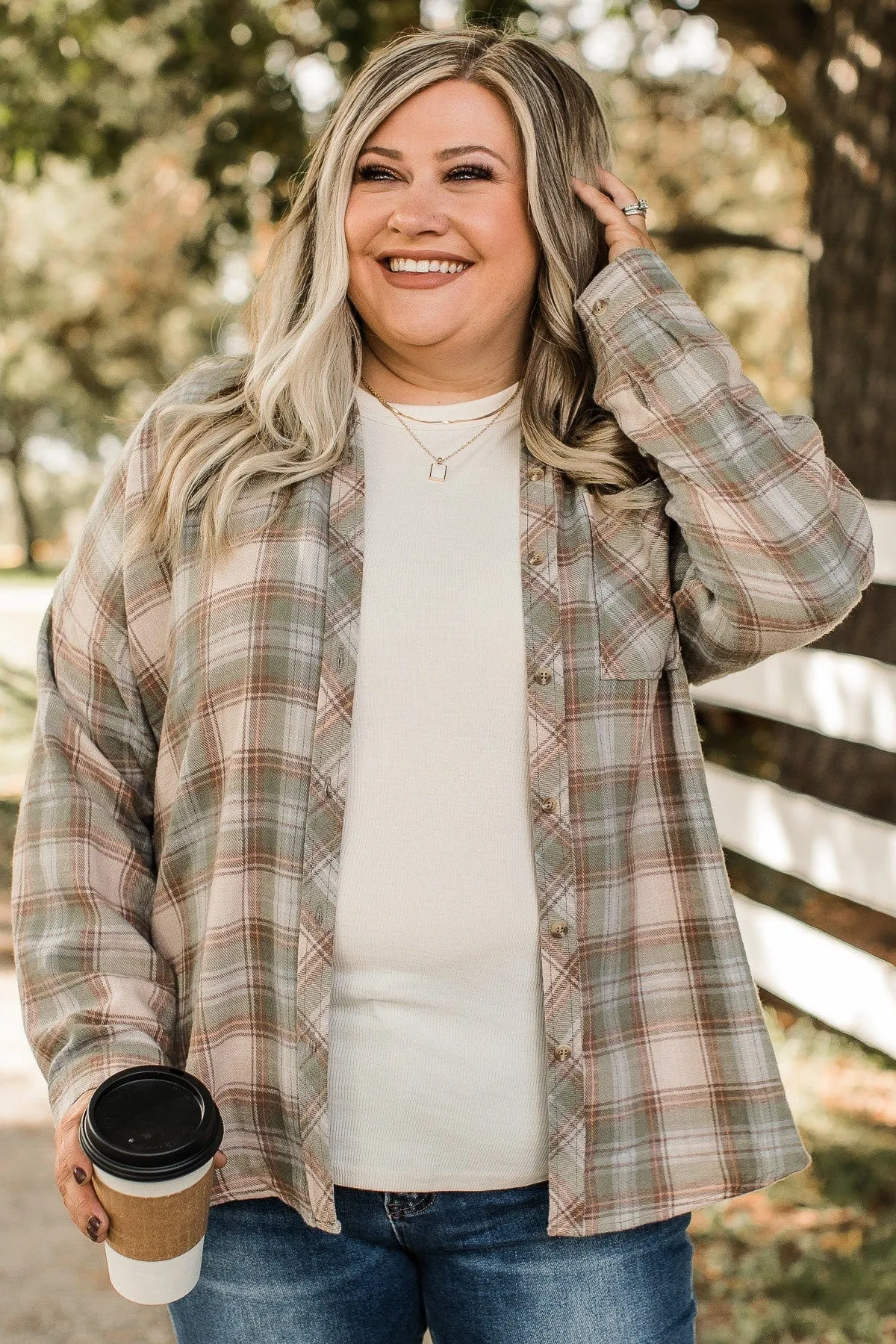 Prone To Wander Plaid Button Top- Spruce