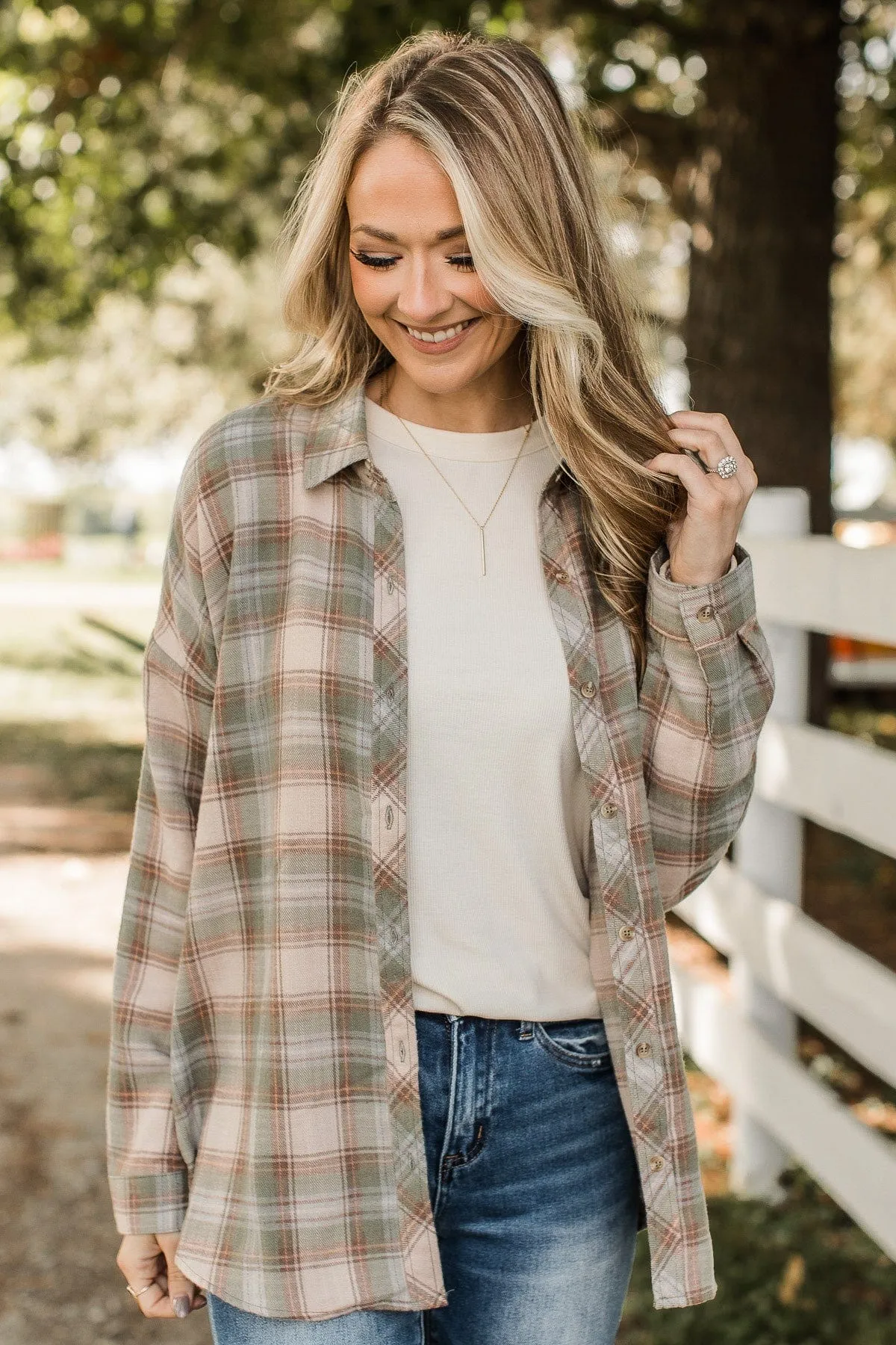 Prone To Wander Plaid Button Top- Spruce