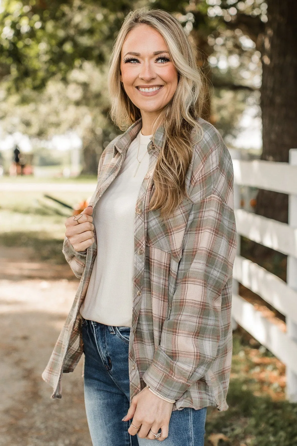 Prone To Wander Plaid Button Top- Spruce