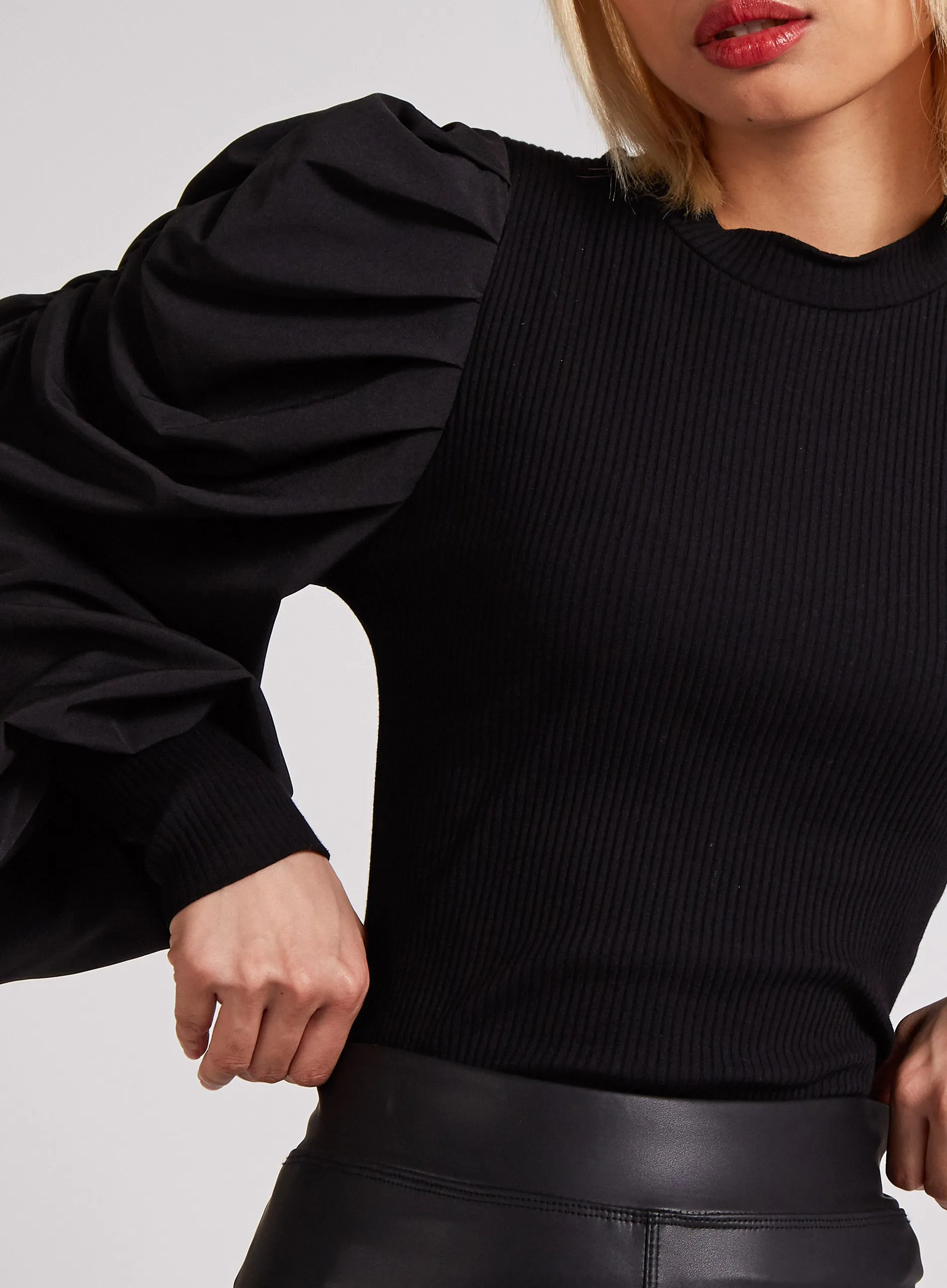 Puff Shirt Sleeve Ribbed High Neck Top