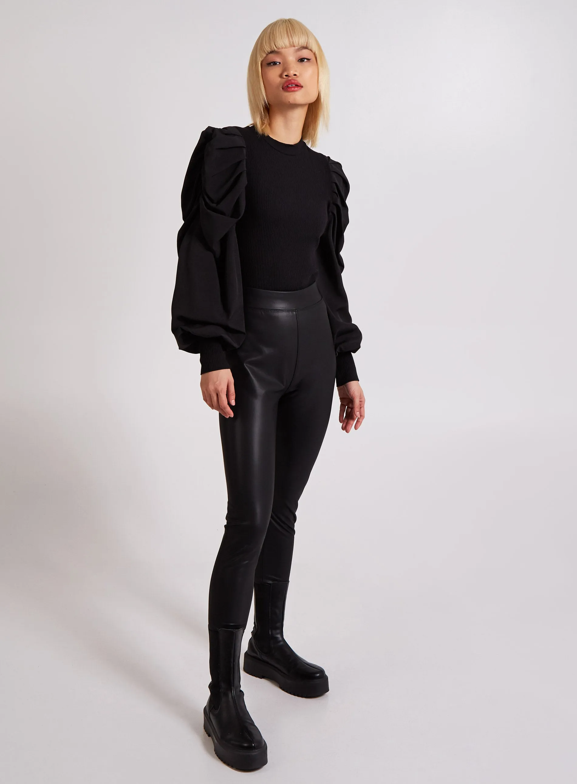 Puff Shirt Sleeve Ribbed High Neck Top