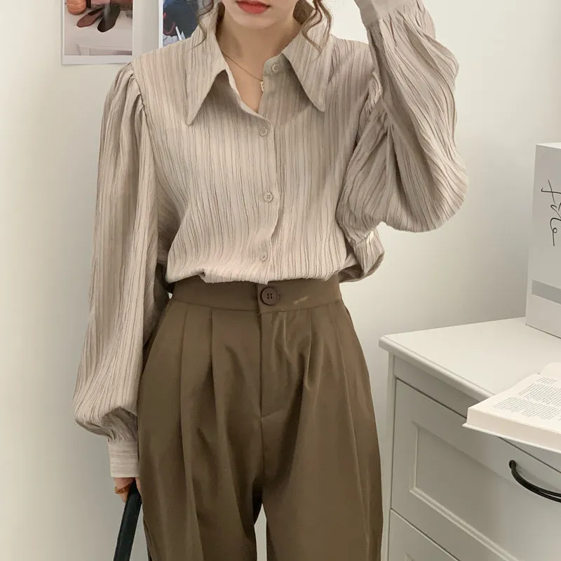 PURE COLOR WRINKLED PUFF SLEEVE SHIRT UB2655