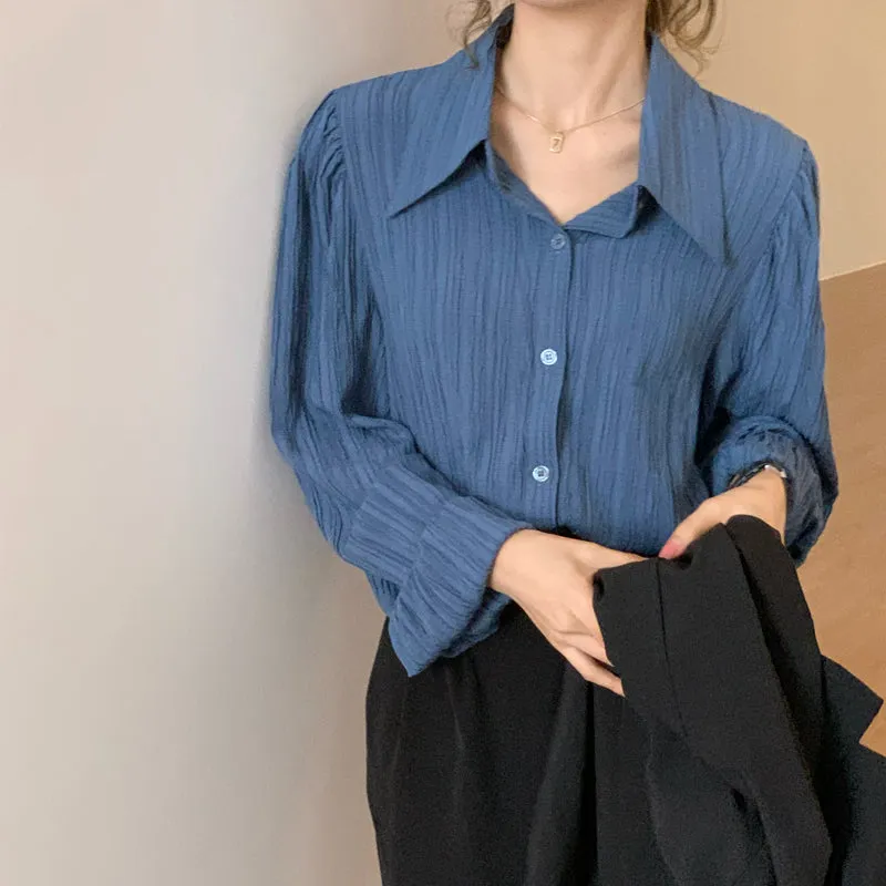 PURE COLOR WRINKLED PUFF SLEEVE SHIRT UB2655