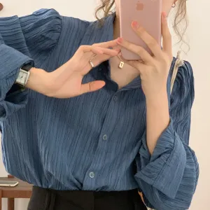 PURE COLOR WRINKLED PUFF SLEEVE SHIRT UB2655