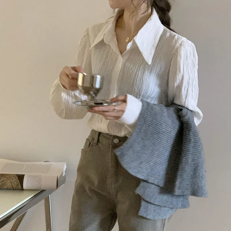 PURE COLOR WRINKLED PUFF SLEEVE SHIRT UB2655