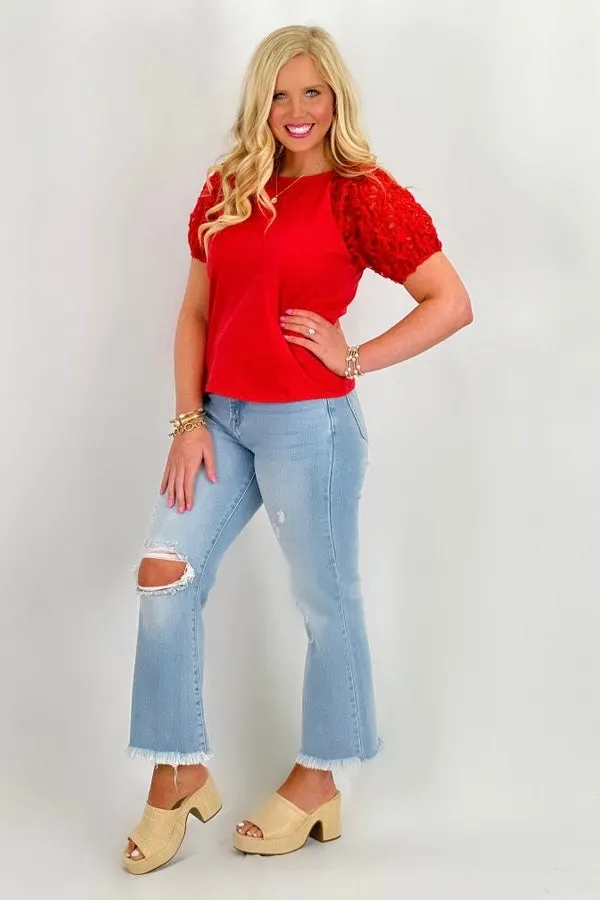 Radiant Red Floral Textured Puff Sleeve Top