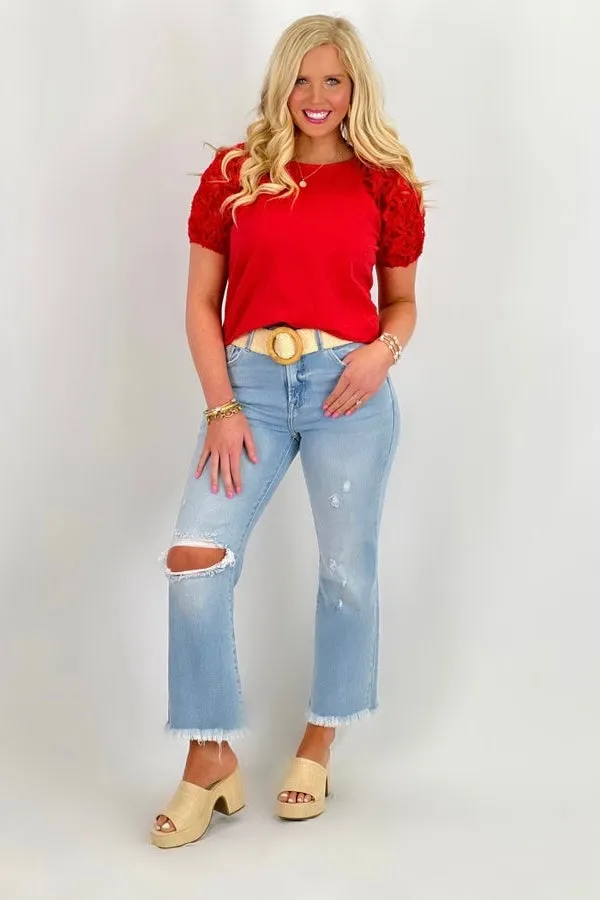 Radiant Red Floral Textured Puff Sleeve Top