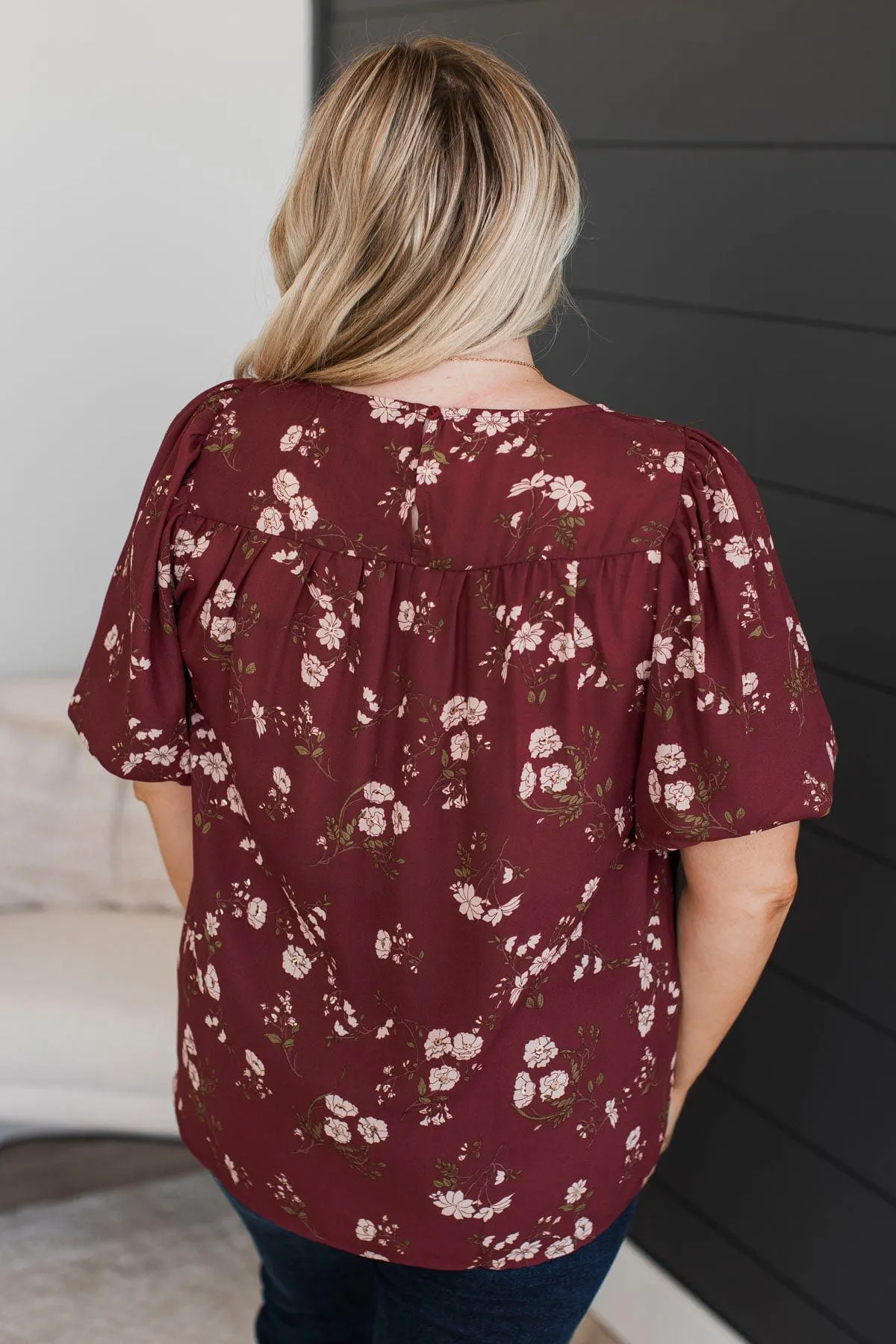 Real Love Floral Puff Sleeve Blouse- Maroon