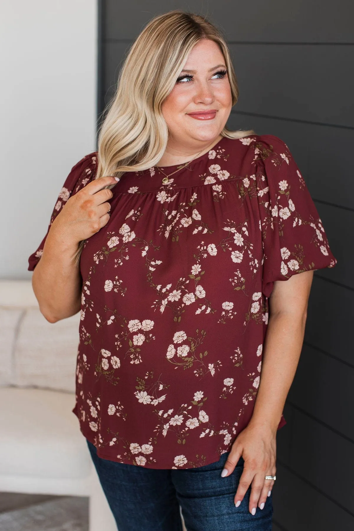 Real Love Floral Puff Sleeve Blouse- Maroon