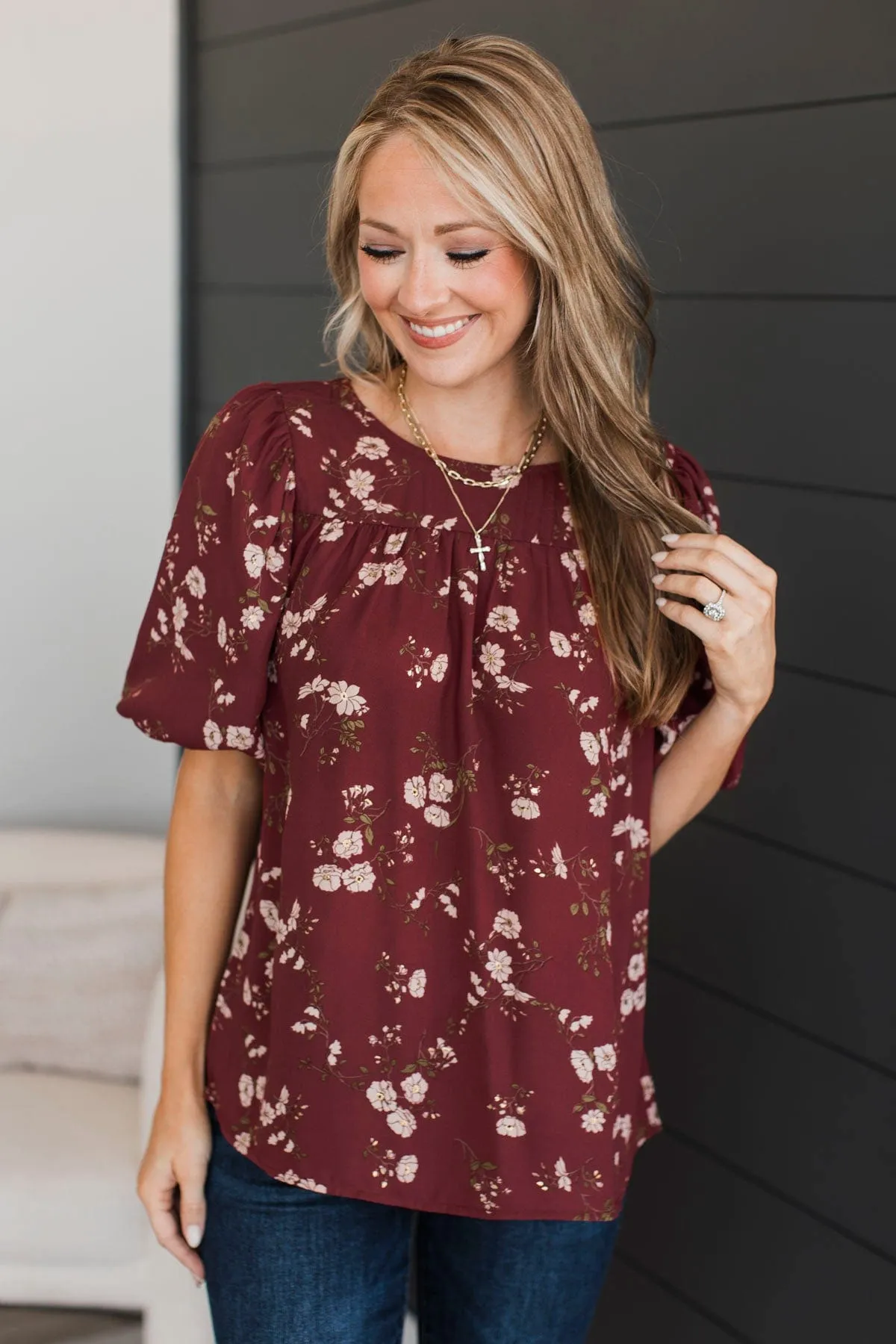 Real Love Floral Puff Sleeve Blouse- Maroon