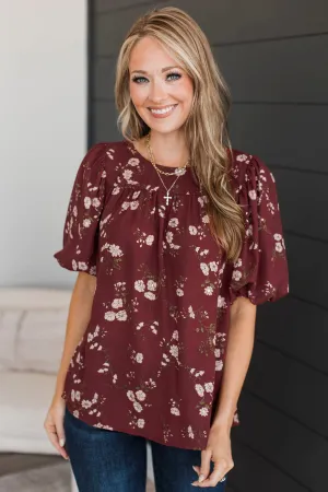 Real Love Floral Puff Sleeve Blouse- Maroon
