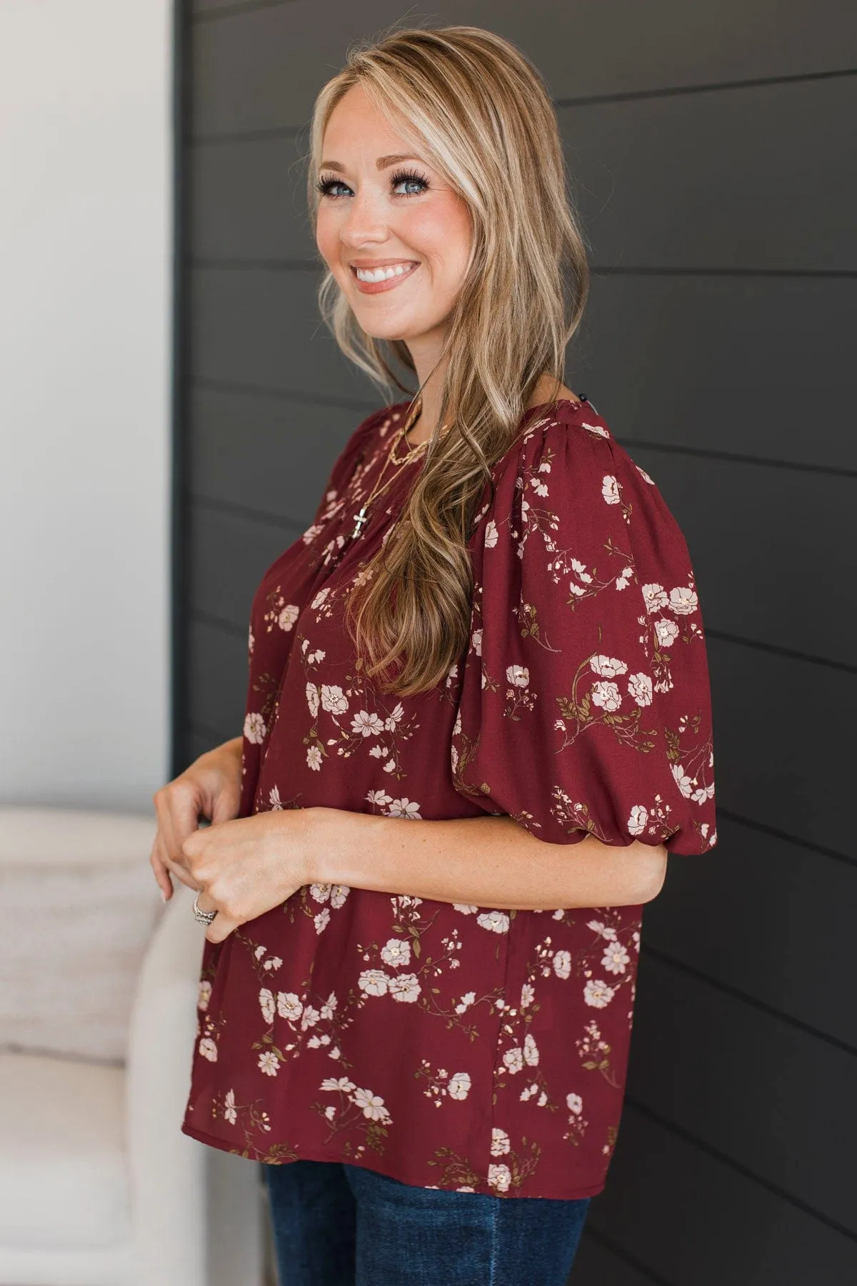 Real Love Floral Puff Sleeve Blouse- Maroon