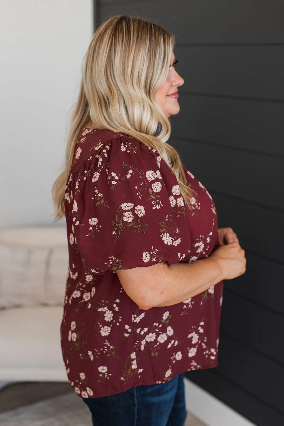Real Love Floral Puff Sleeve Blouse- Maroon