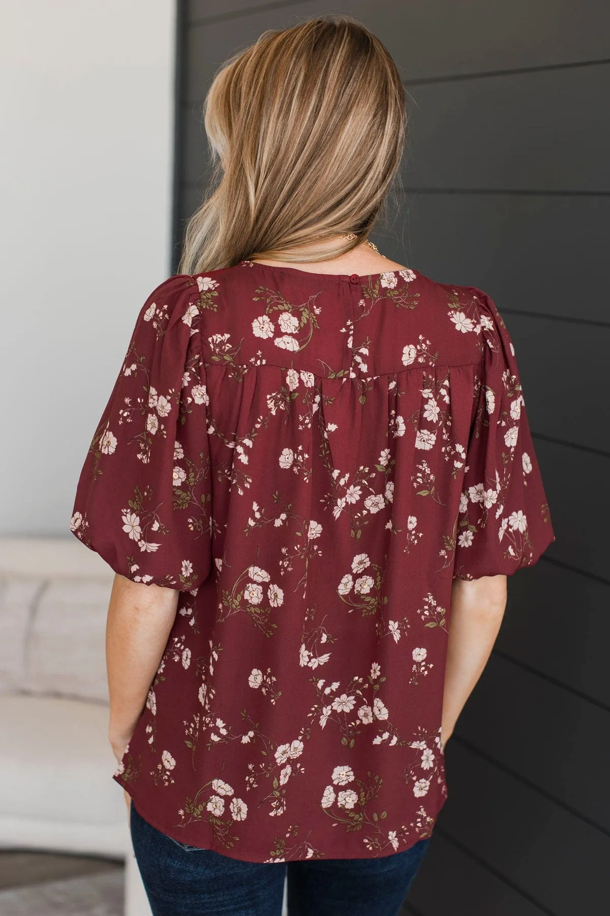 Real Love Floral Puff Sleeve Blouse- Maroon