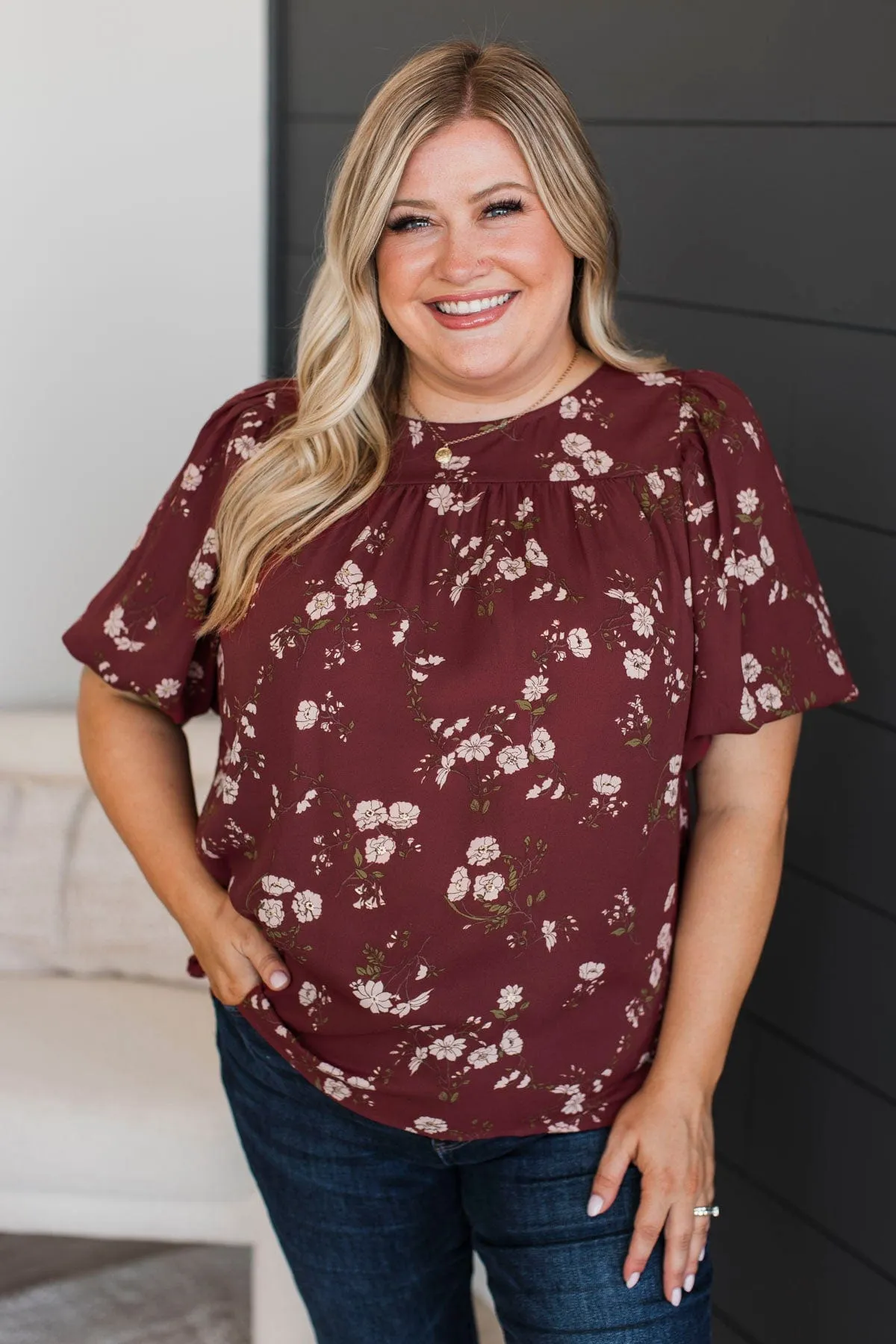 Real Love Floral Puff Sleeve Blouse- Maroon