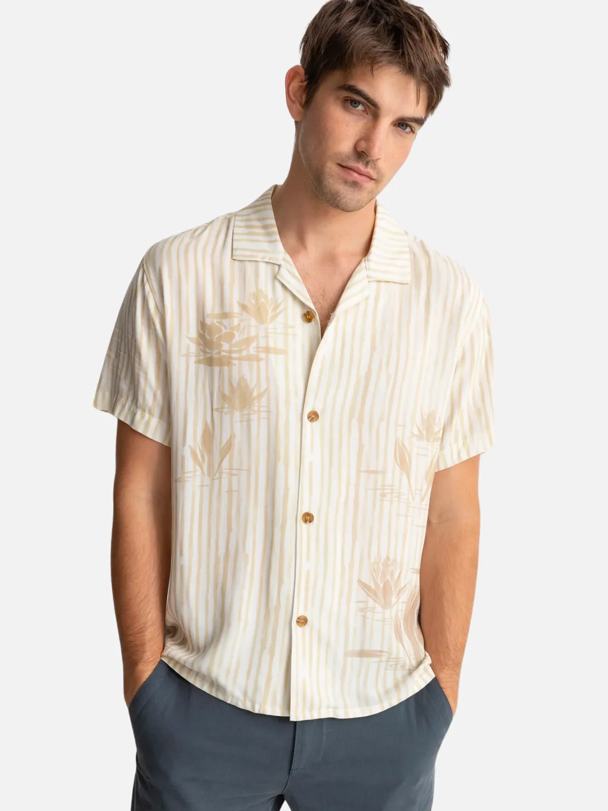 Rhythm Lily Stripe Cuban SS Shirt - Camel