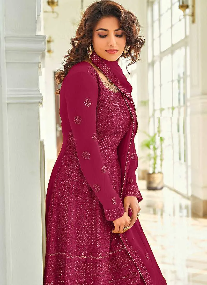 Rouge Pink Designer Sequins Work Gharara Suit