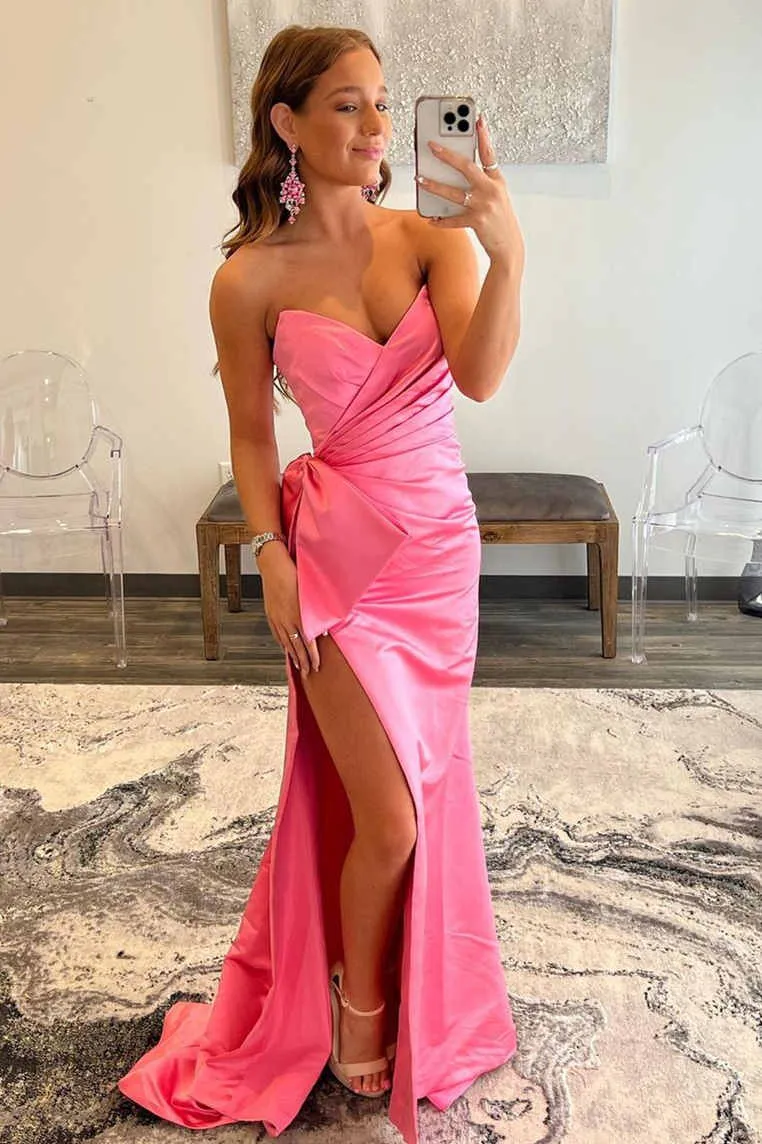 Roycebridal Side Slit Red Strapless Long Prom Dress