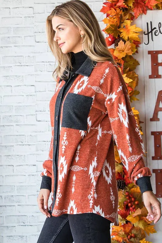 Rust multi color Aztec print shacket