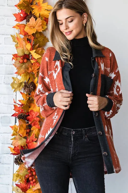 Rust multi color Aztec print shacket