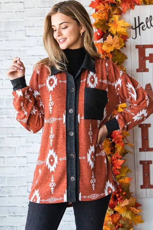 Rust multi color Aztec print shacket