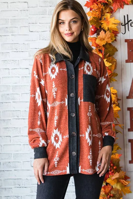Rust multi color Aztec print shacket
