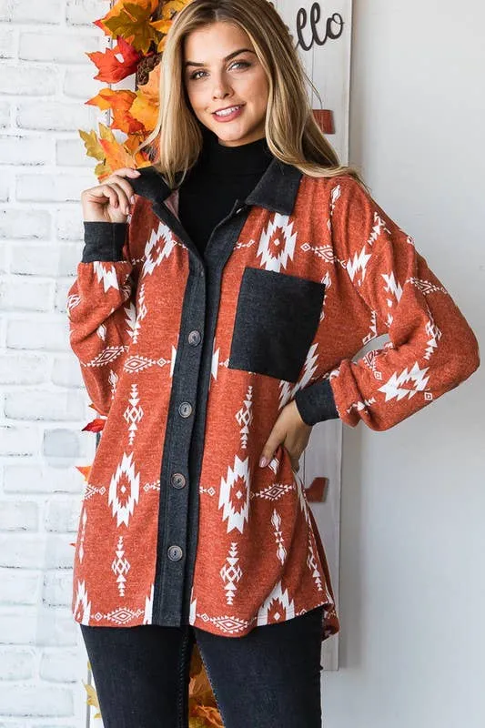 Rust multi color Aztec print shacket
