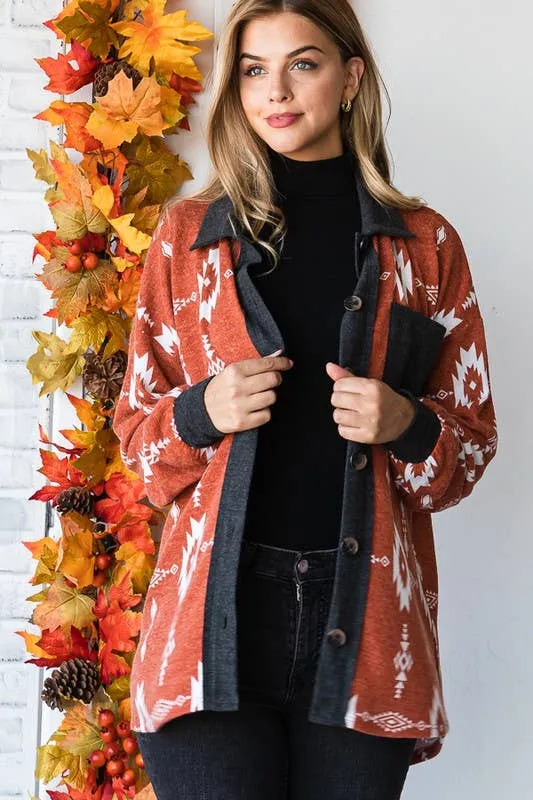 Rust multi color Aztec print shacket