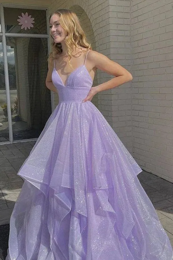 Simple Lilac Tulle A-line V-neck Lace Up Long Prom Dresses, Evening Gown, MP663