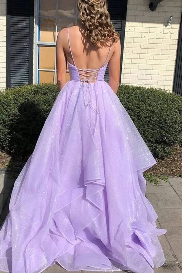 Simple Lilac Tulle A-line V-neck Lace Up Long Prom Dresses, Evening Gown, MP663